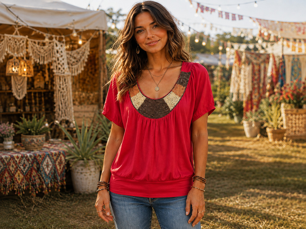 Mimo Womens 3XL Red Beaded Bib Neck Short Sleeve Plus Size Boho Tunic Top